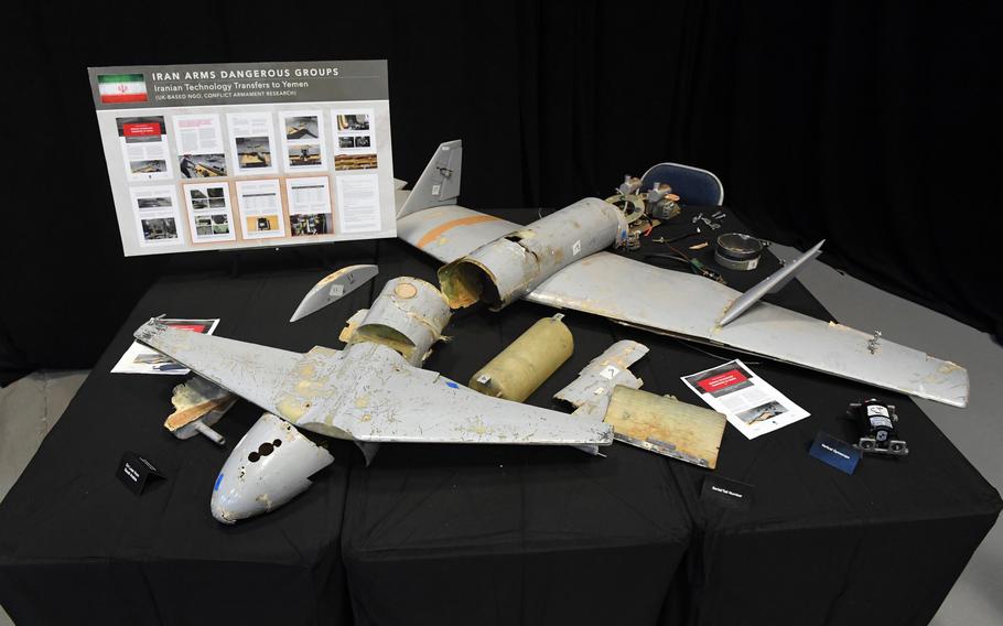 Remnants of Iranian unmanned aerial attack vehicle are on display at Joint Base Anacostia-Bolling in Washington, D.C. Jan. 24, 2018. Irans drone capabilities are among the most advanced in the world after decades of development and experience in proxy wars in the Middle East, experts and U.S. military officials have said.  