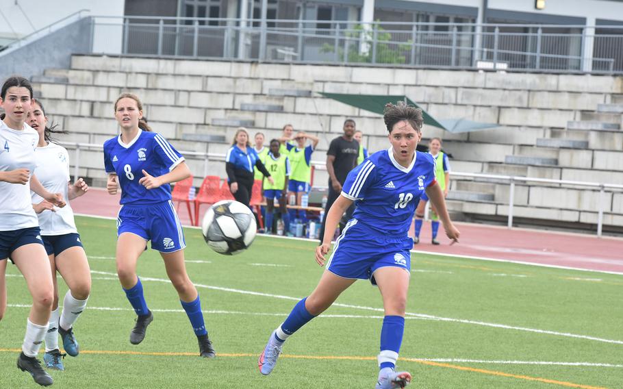 Wiesbaden's McKinley Viers watches as her attempt at a goal in the DODEA-Europe girls Division I soccer championships on Monday, May 16, 2022, at Vogelweh, Germany.