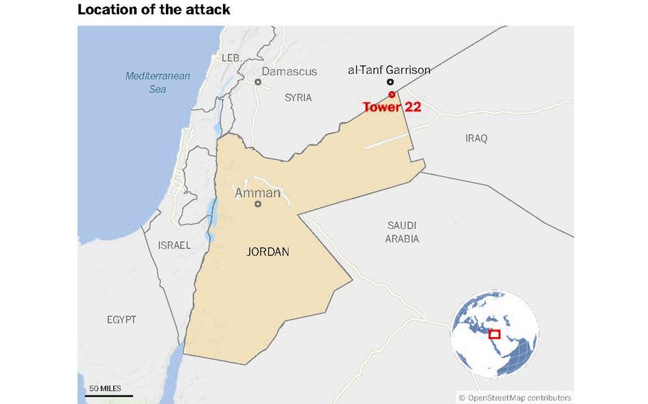 A map that shows the location of Tower 22, a U.S. post in Jordan.