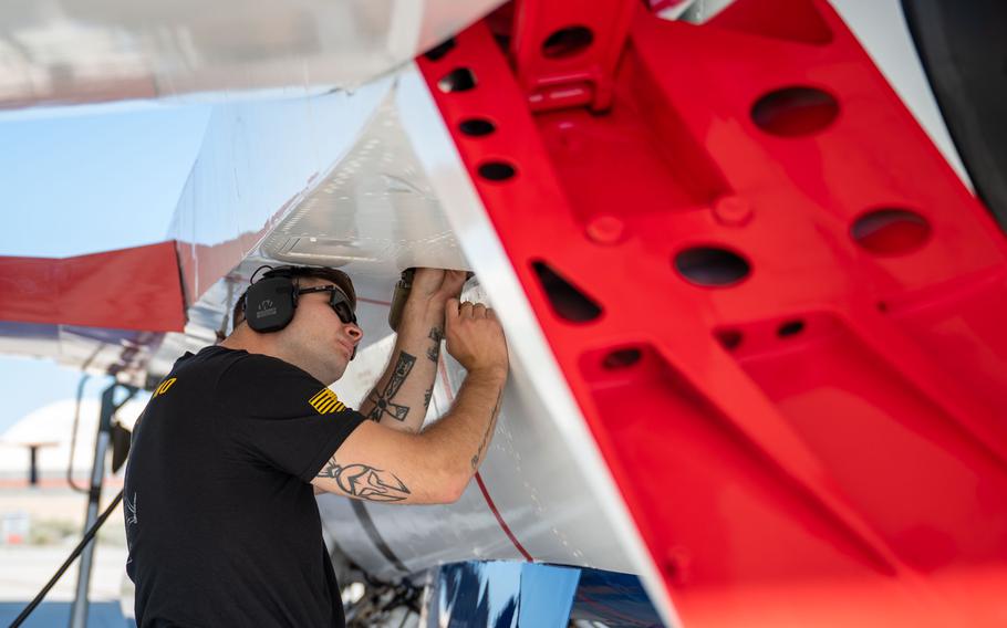 U.S. Air Force Staff Sgt. Colton McMicken, F-16 Viper Demonstration Team dedicated crew chief, performs maintenance at Edwards Air Force Base, Calif., May 13, 2024.