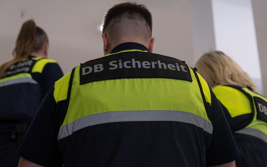 German railway security workers patrol the Nuremberg main train station May 29, 2023. Last year, the station ranked third-highest among German railway hubs in number of violent crimes.