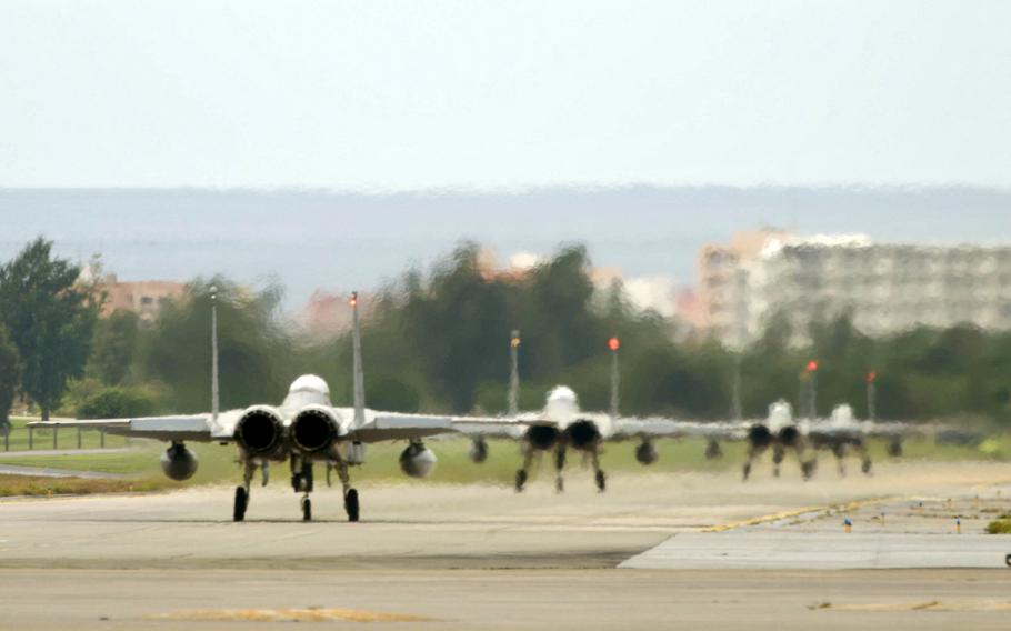 F-15C Eagles take part in an airpower exercise at Kadena Air Base, Okinawa, Tuesday, Nov. 22, 2022.