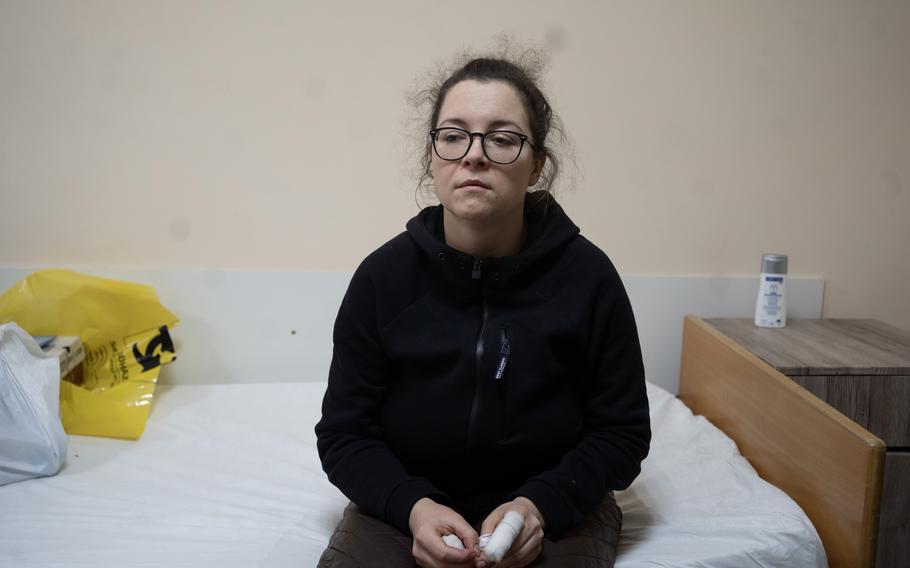Kateryna Skopina, a freed prisoner of war, during an interview after her release Tuesday.