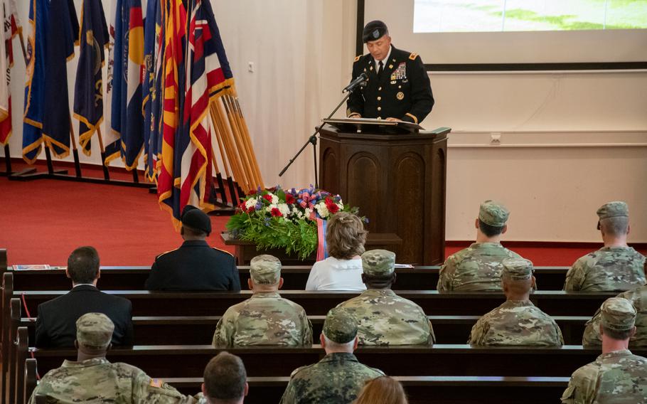 Army Col. Douglas Levien speaks at a 9/11 memorial at Daenner Chapel in Kaiserslautern, Germany, on Sept. 10, 2021.