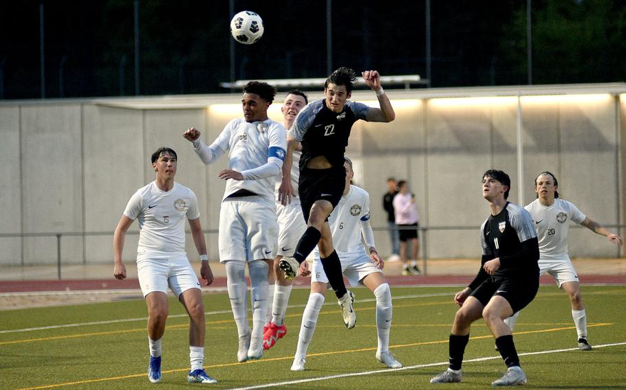 Ramsten captain Max Speed and Stuttgart's Christian Groves leap to head a corner during a match April 27, 2024, at Stuttgart High School in Böblingen, Gemany.