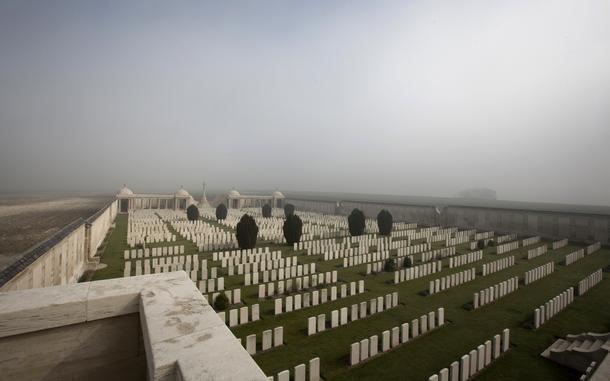 FILE - Mist gathers on the horizon at Dud's Corner World War I Cemetery in Loos-en-Gohelle, France, on March 13, 2014. On Wednesday, Sept. 20, 2023, First World War cemeteries and memorial sites in Belgium and France were added to the UNESCO World Heritage List during the annual meeting of the World Heritage Committee. (AP Photo/Virginia Mayo, File)