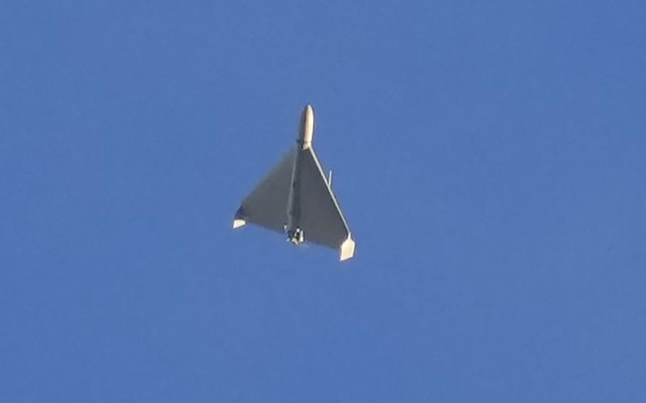 An Iranian Shahed exploding drone launched by Russia flies through the sky.
