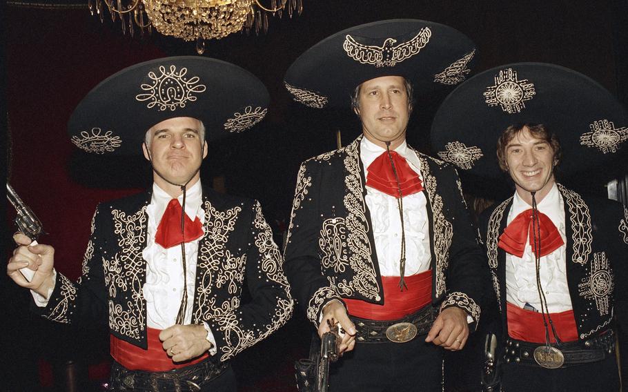 Steve Martin, from left, Chevy Chase, and Martin Short appear at the premiere of their film “Three Amigos!” in New York on Dec. 9, 1986. 