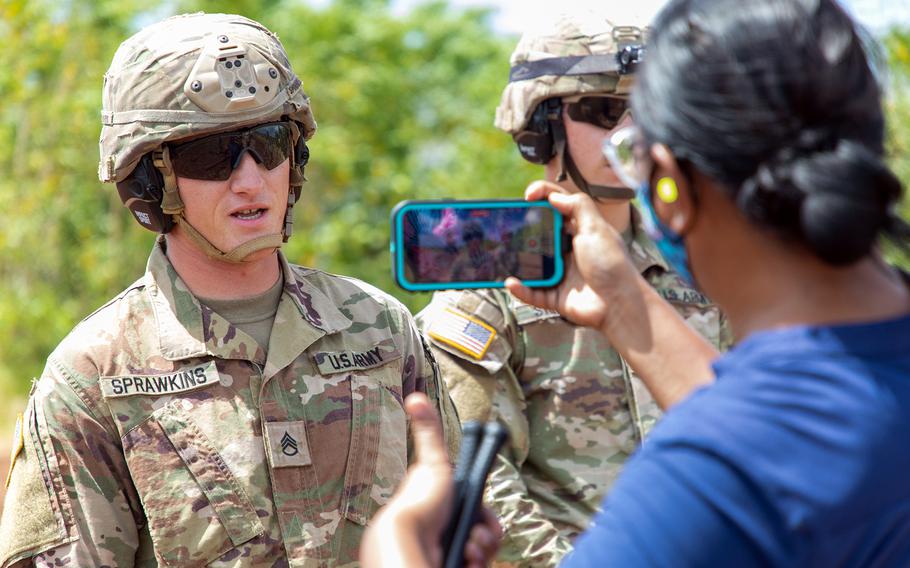 Guam Daily Post reporter Oya Ngirairikl interviews a soldier from 1st Battalion, 1st Air Defense Artillery following a live-fire exercise on Palau, June 15, 2022.