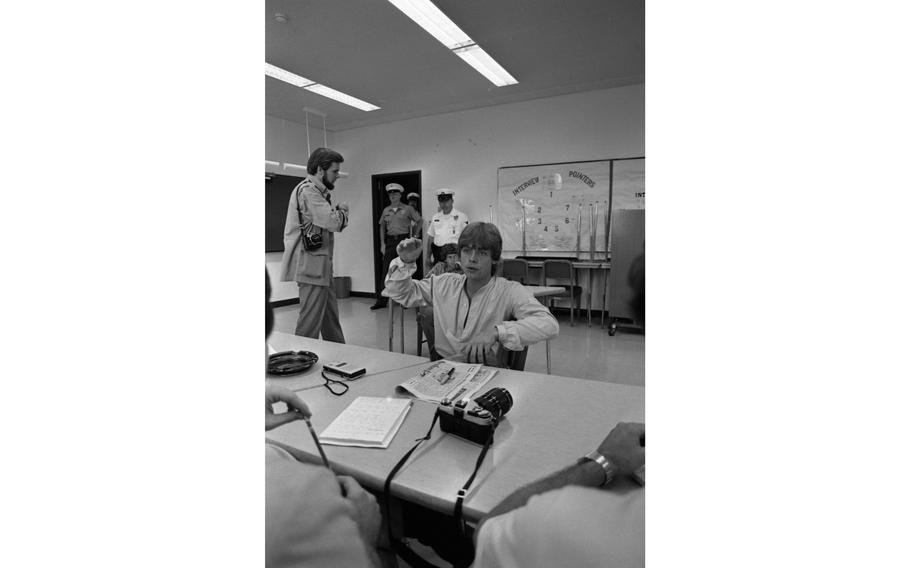 Mark Hamill, aka Luke Skywalker, chats with students, staff and reporters at an assembly at the Teen Club at Nile C. Kinnick High School, his own alma mater. He told the gathered crowd how he and several other seniors violated curfew on prom night and wound up in Shore Patrol headquarters — in tuxedos and formals.