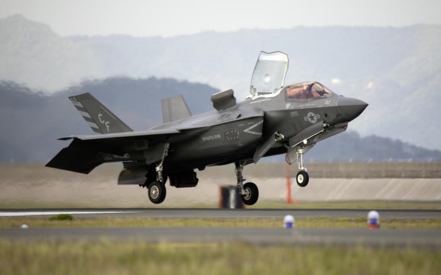 An F-35B Lightning II lands at Marine Corps Air Station Iwakuni.