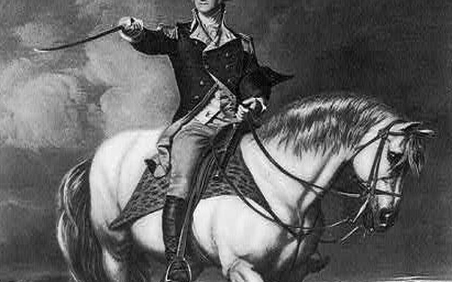 George Washington on horseback, cropped to highlight his legs which, according to one biographer, “allowed him to grip a horse’s flanks tightly and hold his seat in the saddle with uncommon ease.” 