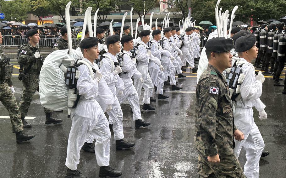 Special forces troops march during the Armed Forces Day parade in Seoul, South Korea, Tuesday, Sept. 26, 2023. 