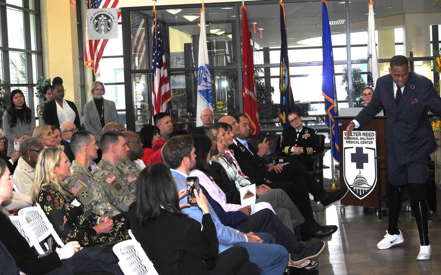 Retired Army Master Sgt. Cedric King, wounded during his second tour in Afghanistan on July 25, 2012, served as guest speaker for the ceremony celebrating the opening of the art installation Footsteps to Freedom at Walter Reed National Military Medical Center on Monday, April 1, 2024.