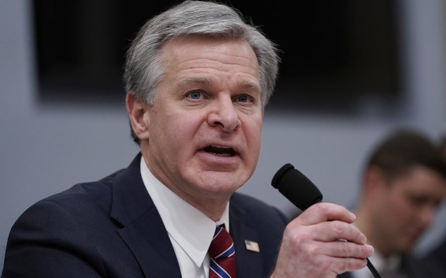 FBI Director Christopher Wray testifies during the House Select Committee on Intelligence annual open hearing on world widethreats at the Capitol in Washington, Thursday, March 9, 2023. 