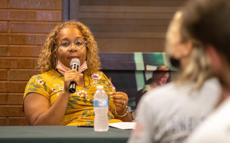 Meisha Porter, chancellor of the New York City Department of Education, speaks during a news conference on the “Vax To School” campaign at a high school in the Staten Island borough of New York on Aug. 10, 2021.