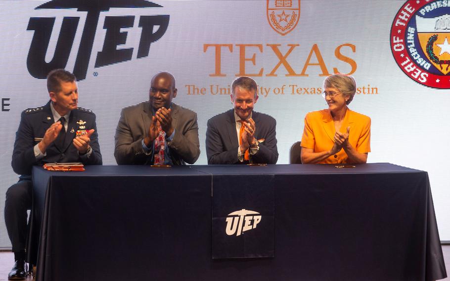 From left, U.S. Space Force Vice Chief of Space Operations Gen. David Thompson, University of Texas System Executive Vice Chancellor for Academic Affairs Archie Holmes Jr., UT Austin President Jay Hartzell and UTEP President Heather Wilson attend a news conference announcing a partnership program at UTEP's Fox Fine Arts Recital Hall on Aug. 26, 2021.