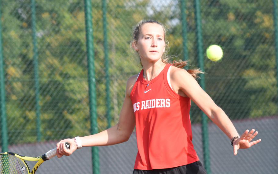 Kaiserslautern senior Aiva Schmitz is the two-time defending singles champion of DODEA-Europe tennis and is heavily favored to win again this week. She’s committed to attend the University of Minnesota next year.