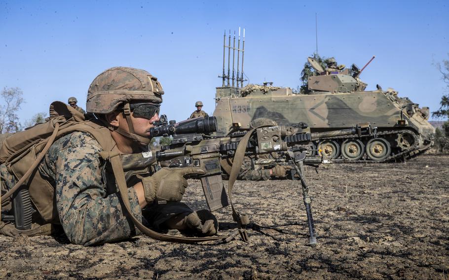 Lance Cpl. Yorvi Colladopichardo, a rifleman with Marine Rotational Force – Darwin, takes part in a drill at Bradshaw Field Training Area in Australia’s Northern Territory, Aug. 25, 2021.