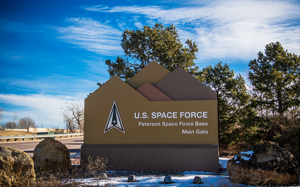 An undated photo of the main entrance to Peterson Space Force Base in Colorado Springs, Colo. 