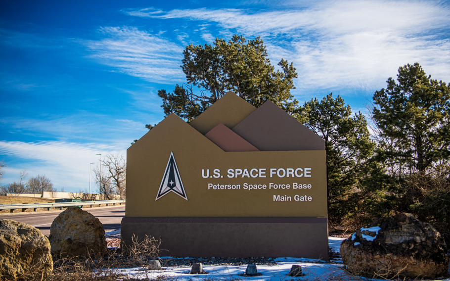 An undated photo of the main entrance to Peterson Space Force Base in Colorado Springs, Colo. 