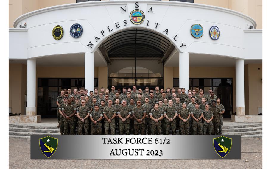 U.S. service members with Task Force 61/2 (TF 61/2) pose for a group photo at Naval Support Activity Naples, Italy, Aug. 16, 2023. TF 61/2 was deployed in the U.S. Naval Forces Europe areas of operation.