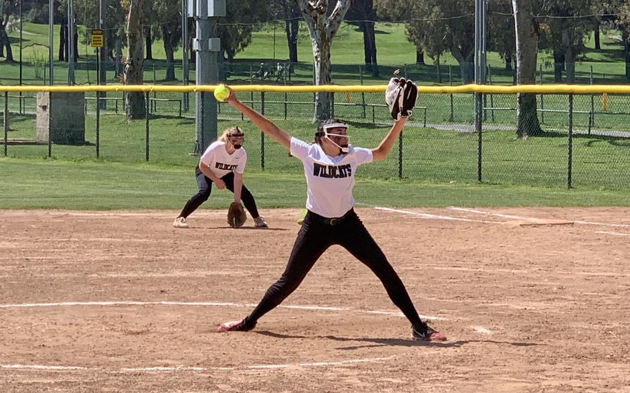 Naples freshman Jeweliana Martinez pitched her team to a 12-1 victory over Vicenza on Saturday, April 20, 2022, at Carney Park in Naples, Italy.
