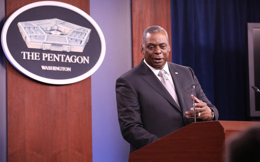 Defense Secretary Lloyd Austin speaks during a news briefing at the Pentagon Feb. 19, 2021. 