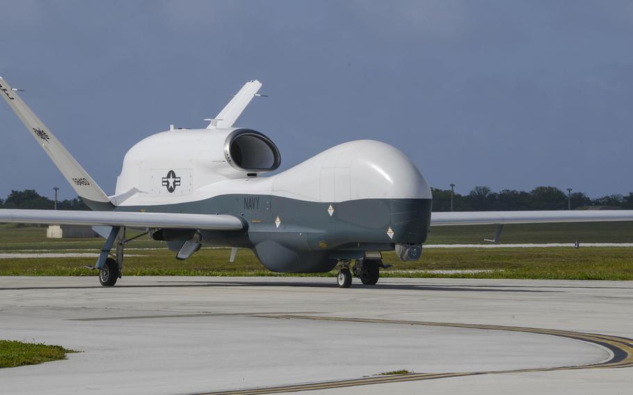 An MQ-4C Triton taxis on a runway at Andersen Air Force Base, Guam, April 4, 2020. 