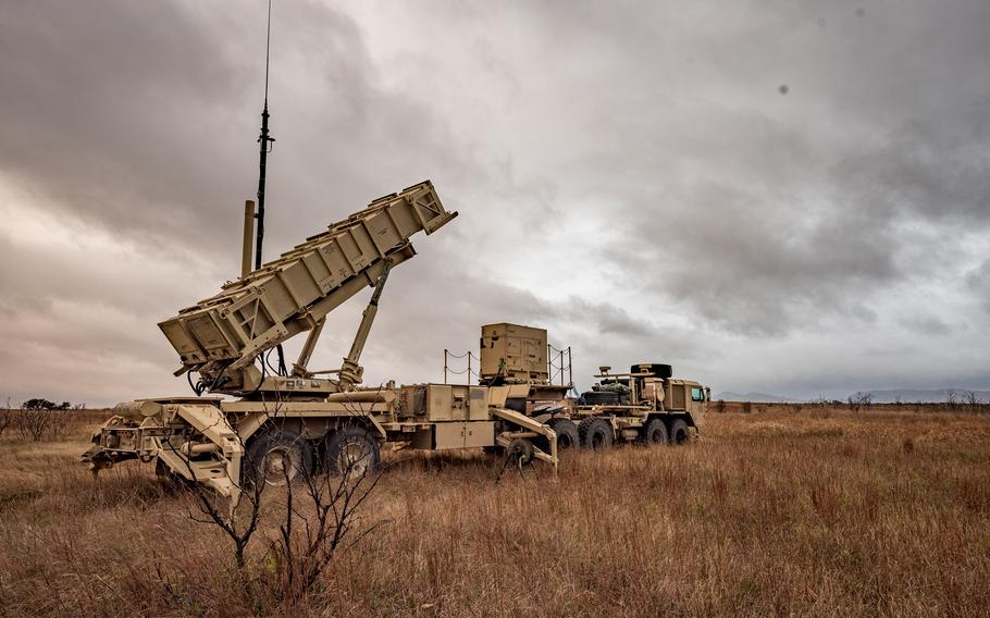 A Patriot missile launcher is staged during a training exercise of the 3rd Battalion, 2nd Air Defense Artillery Regiment at Fort Sill, Okla., in 2019.