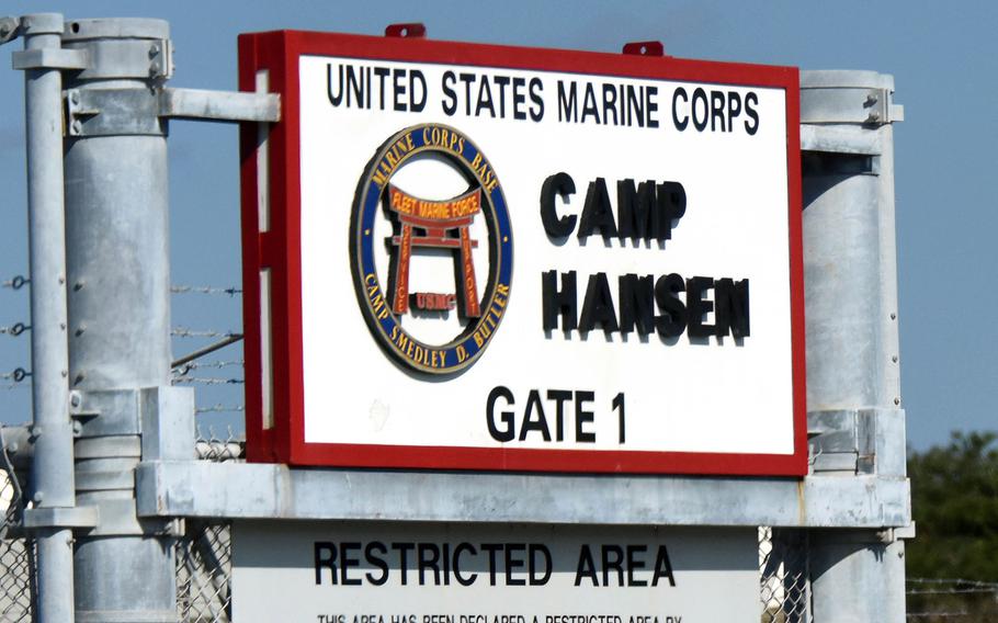 An entrance to Camp Hansen, a Marine Corps base on Okinawa, as seen on Monday, Dec. 20, 2021. 