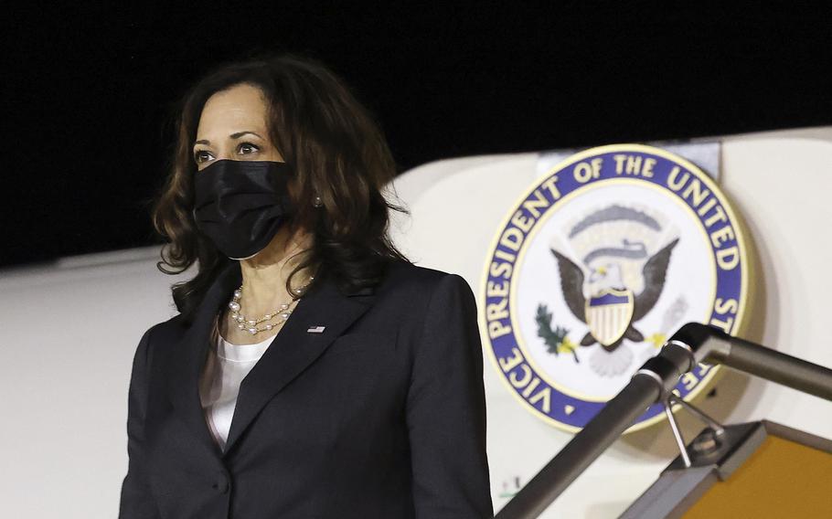 Vice President Kamala Harris arrives at the airport in Hanoi, Vietnam, on Aug. 24, 2021. Harris landed in Vietnam after an “anomalous health incident” in Hanoi delayed her flight from Singapore, the U.S. embassy said.