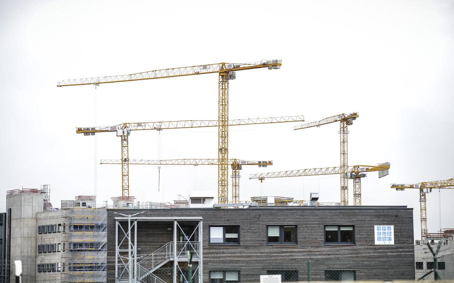 Up to 15 cranes at a time work on the 47-hectare construction zone of the new Rhine Ordnance Barracks Medical Center, in Weilerbach, Germany. The new hospital next to Ramstein Air Base will be the largest U.S. military hospital outside the United States.