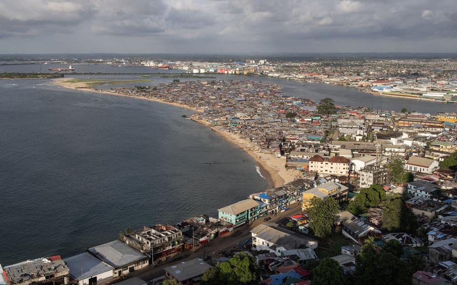 The famous West Point slum is pictured from the dilapidated Ducor hotel in Monrovia, Liberia, on Nov. 18, 2021.