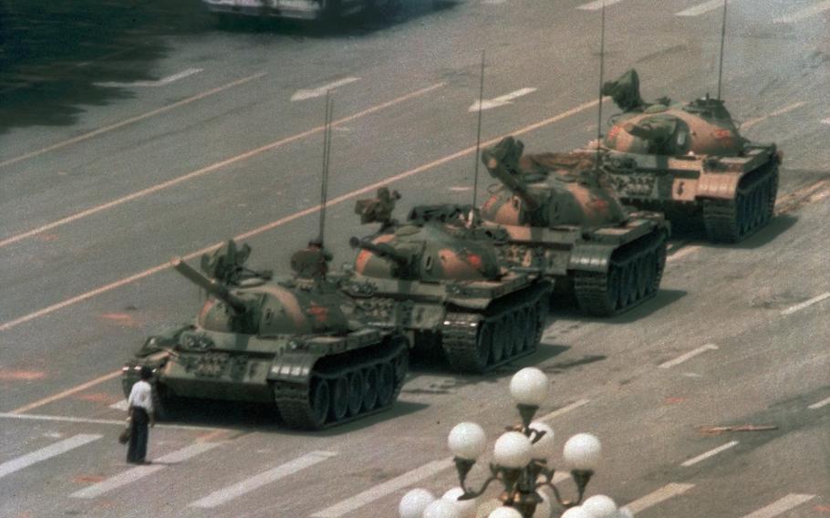 A man stands alone to block a line of tanks heading east on Beijing's Cangan Blvd. in Tiananmen Square. on June 5, 1989. Microsoft Corp. blamed “accidental human error” for its Bing search engine briefly not showing image results for the search term “tank man” on the anniversary of the bloody military crackdown in Beijing’s Tiananmen Square in 1989.