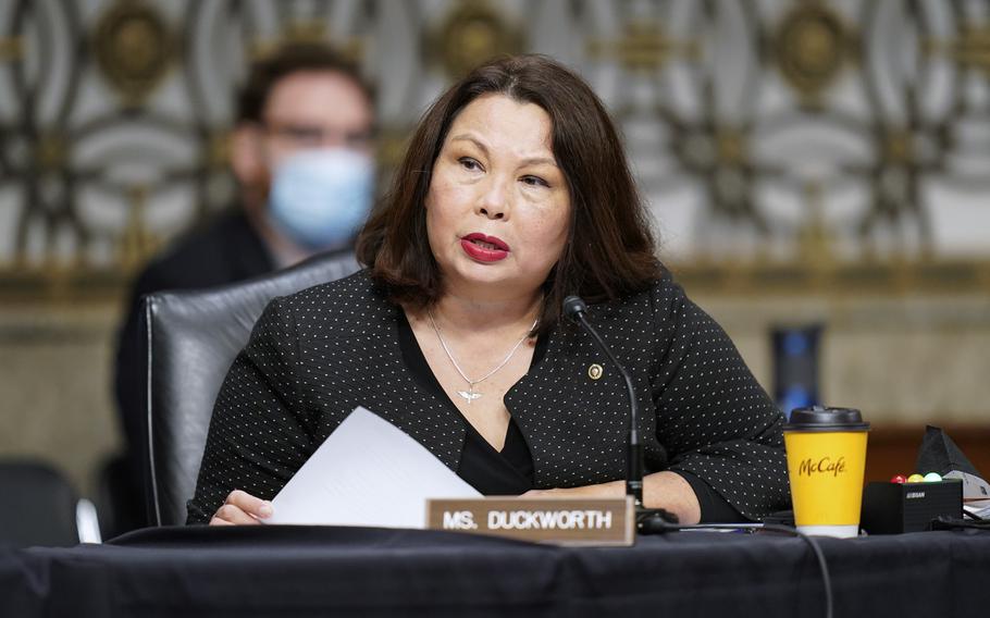 Sen. Tammy Duckworth, D-Ill., speaks during a Senate Armed Services Committee hearing on Tuesday, Sept. 28, 2021, on Capitol Hill in Washington. 