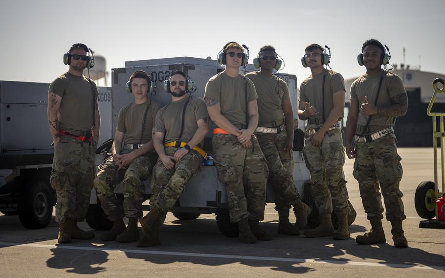 Crew chiefs with the 6th Maintenance Group pose for a photo after completing Operation Violent Storm at MacDill Air Force Base, Florida, April 26, 2023. The exercise consisted of an “elephant walk,” with 18 KC-135 Stratotanker aircraft mobilizing through the efforts of more than 700 personnel from across the installation.