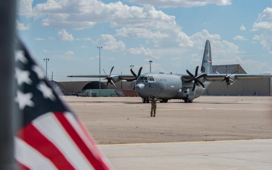 A C-130J Super Hercules carrying Afghan personnel taxis on the ramp at Holloman Air Force Base, N.M., August 31, 2021.