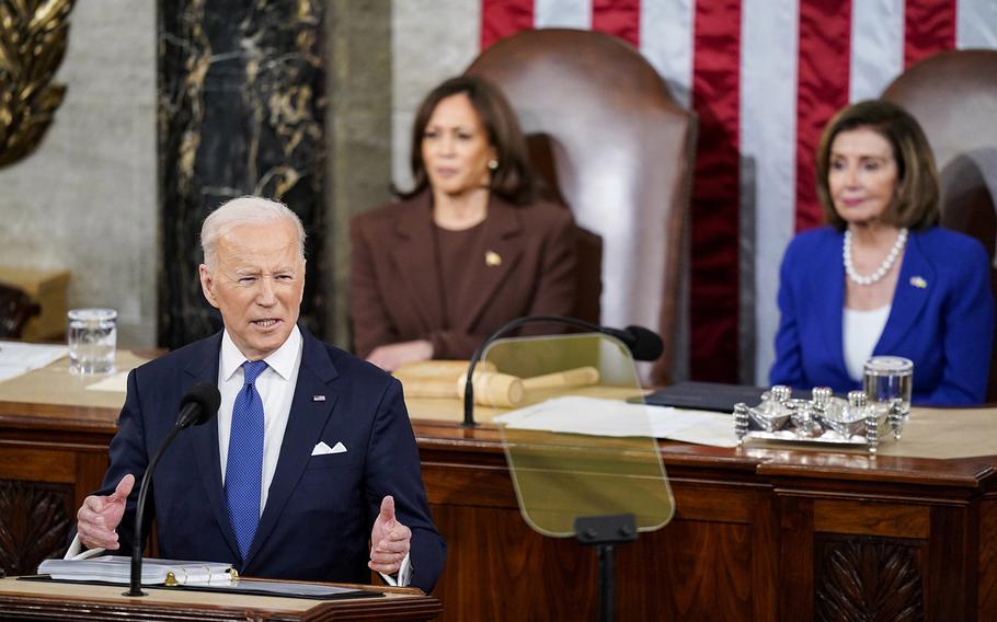President Biden, flanked by Vice President Harris and House Speaker Nancy Pelosi, D-Calif., delivers his State of the Union address to a joint session of Congress on March 1.