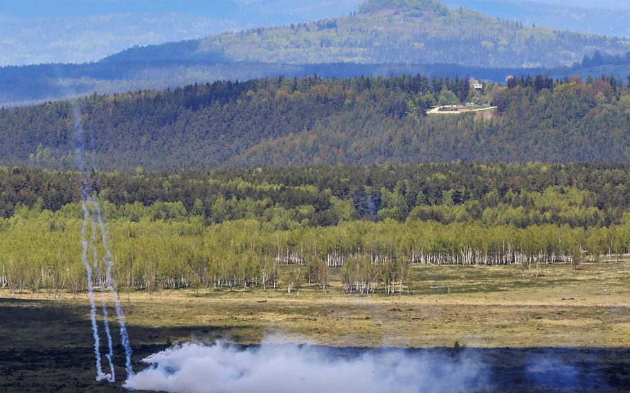 Seven nations coordinate mass artillery fire on May 19, 2021, at Grafenwoehr Training Area, Germany, during the Dynamic Front 21 exercise. The exercise includes approximately 1,800 participants from 15 nations in multiple locations. 