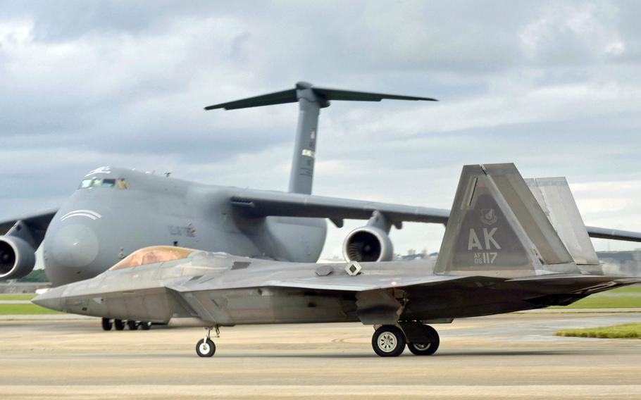 An F-22A Raptor taxies at Kadena Air Base, Okinawa, Tuesday, Nov. 22, 2022.