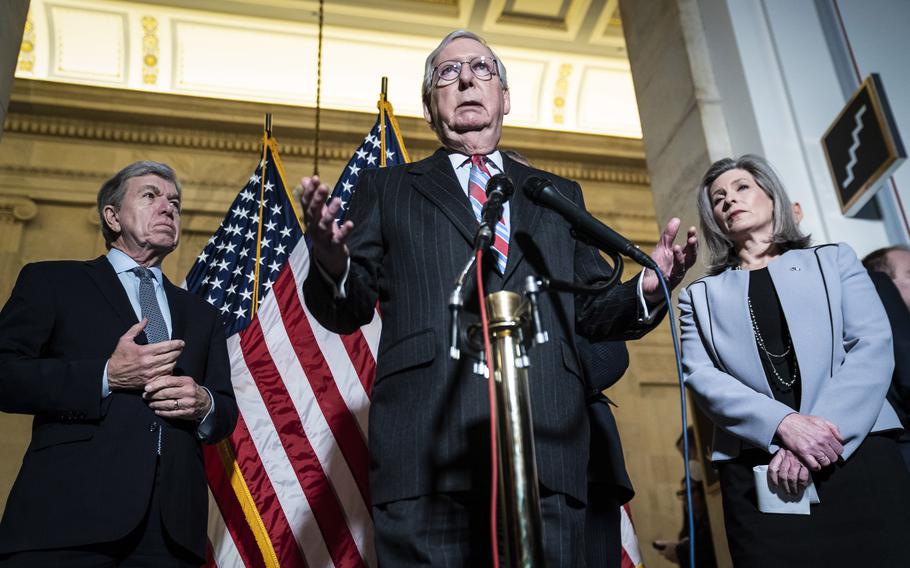 Senate Minority Leader Mitch McConnell, R-Ky., speaks at a news conference following a weekly Republican policy luncheon on Capitol Hill on Tuesday. 