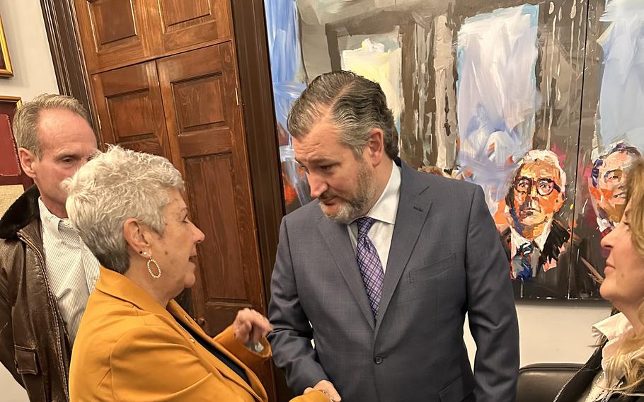 Margie Taylor, whose son Spc. Joey Lenz died at Fort Cavazos, Texas, meets with Sen. Ted Cruz, R-Texas, in February 2023 at his office in Washington. During the meeting, Taylor asked Cruz to support her proposal for all service members to have an annual physical exam, including blood tests. She said she believes this would have caught her son’s heart condition and saved his life. 