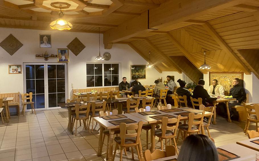 The dining area at the Sai Nam Thai restaurant in Freihung, Germany, Dec. 6, 2022. The room features long tables and open seating for large parties.