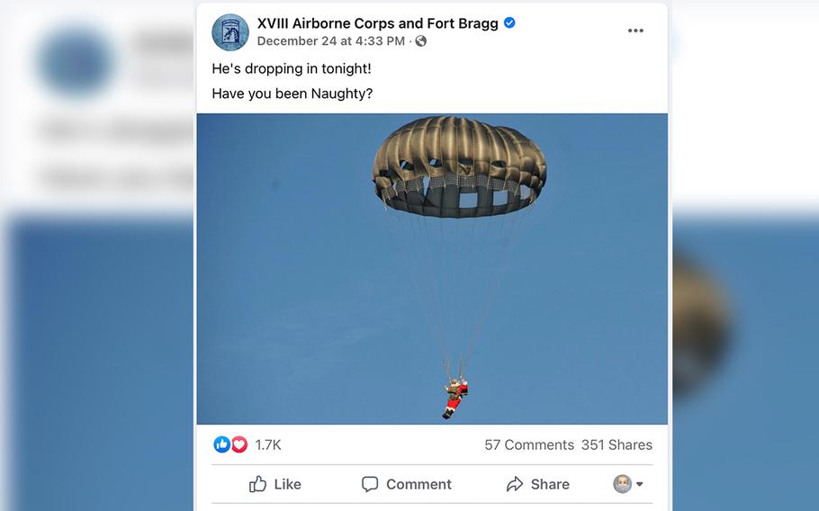 The XVIII Airborne Corps and Fort Bragg Facebook page in 2013 posted an image of a paratrooper dressed as Santa Claus with the caption 