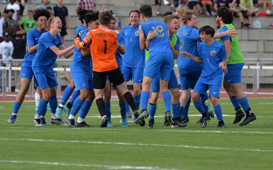 The Ramstein Royals celebrate after beating Stuttgart 1-0 in the boys Division I final at the DODEA-Europe soccer championships in Kaiserslautern, Germany, May 19 2022. 