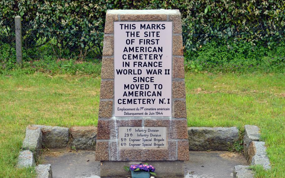 A small monument on Omaha Beach on the edge of Vierville-sur-Mer (look for house number 156) marks where the first American cemetery in France in World War II was once located. The bodies were later relocated.