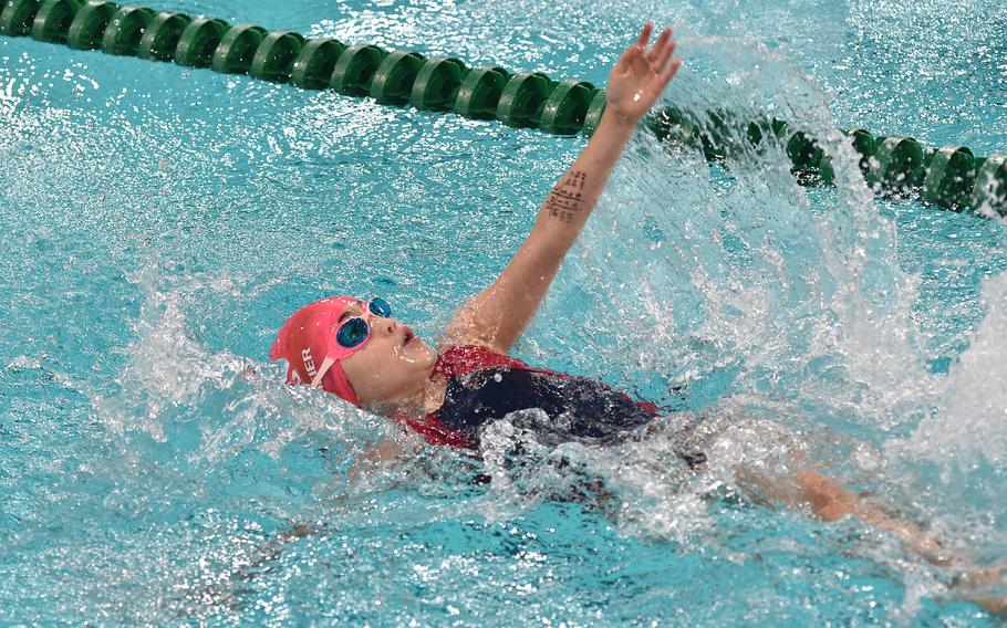 Aviano Sea Dragon Callie Sullivan swims the 8-and-under girls 50-meter backstroke during the European Forces Swim League Short-Distance Championships on Feb. 11, 2024, at the Pieter van den Hoogenband Zwemstadion at the Nationaal Zwemcentrum de Tongelreep in Eindhoven, Netherlands.