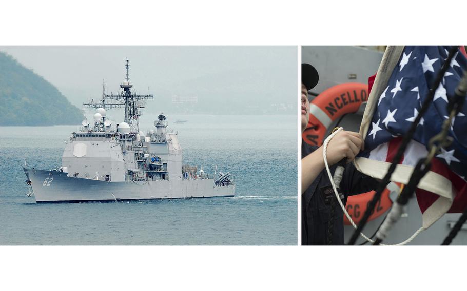 The Ticonderoga-class guided missile-cruiser then-named USS Chancellorsville transits Makham Bay, Thailand, on May 1, 2011. At right, a U.S. sailor prepares to hoist the American flag aboard the ship while in Yokosuka, Japan, on Aug. 31, 2015. The ship was renamed the the USS Robert Smalls in 2023.
