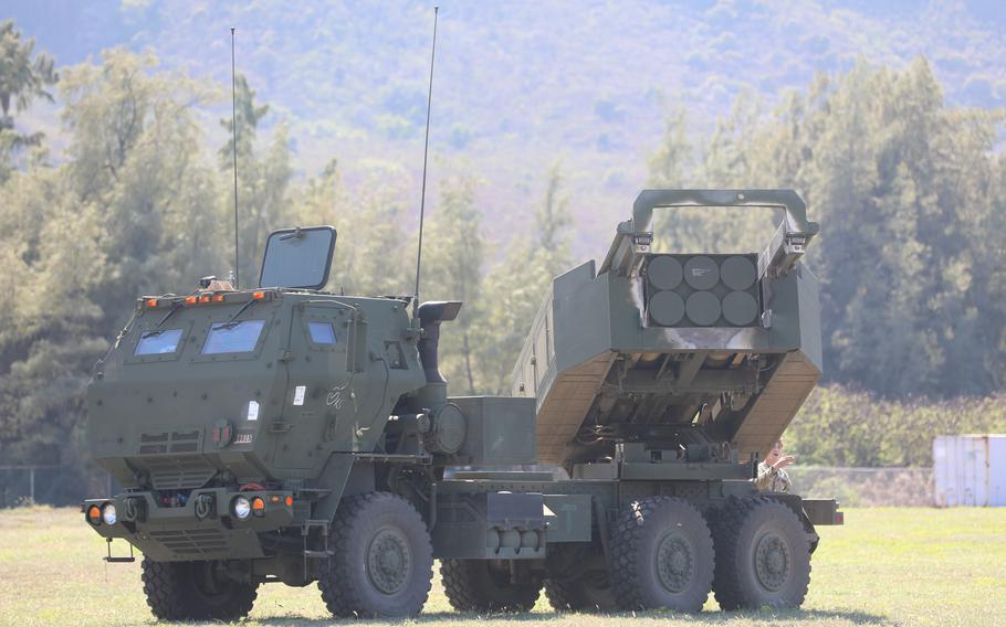 U.S. Army Soldiers assigned to Bravo Battery, 1-3 Field Artillery, 17th Field Artillery Battalion stage their M142 HIMARS at Schofield Barracks in Hawaii, on Oct. 31, 2023. 